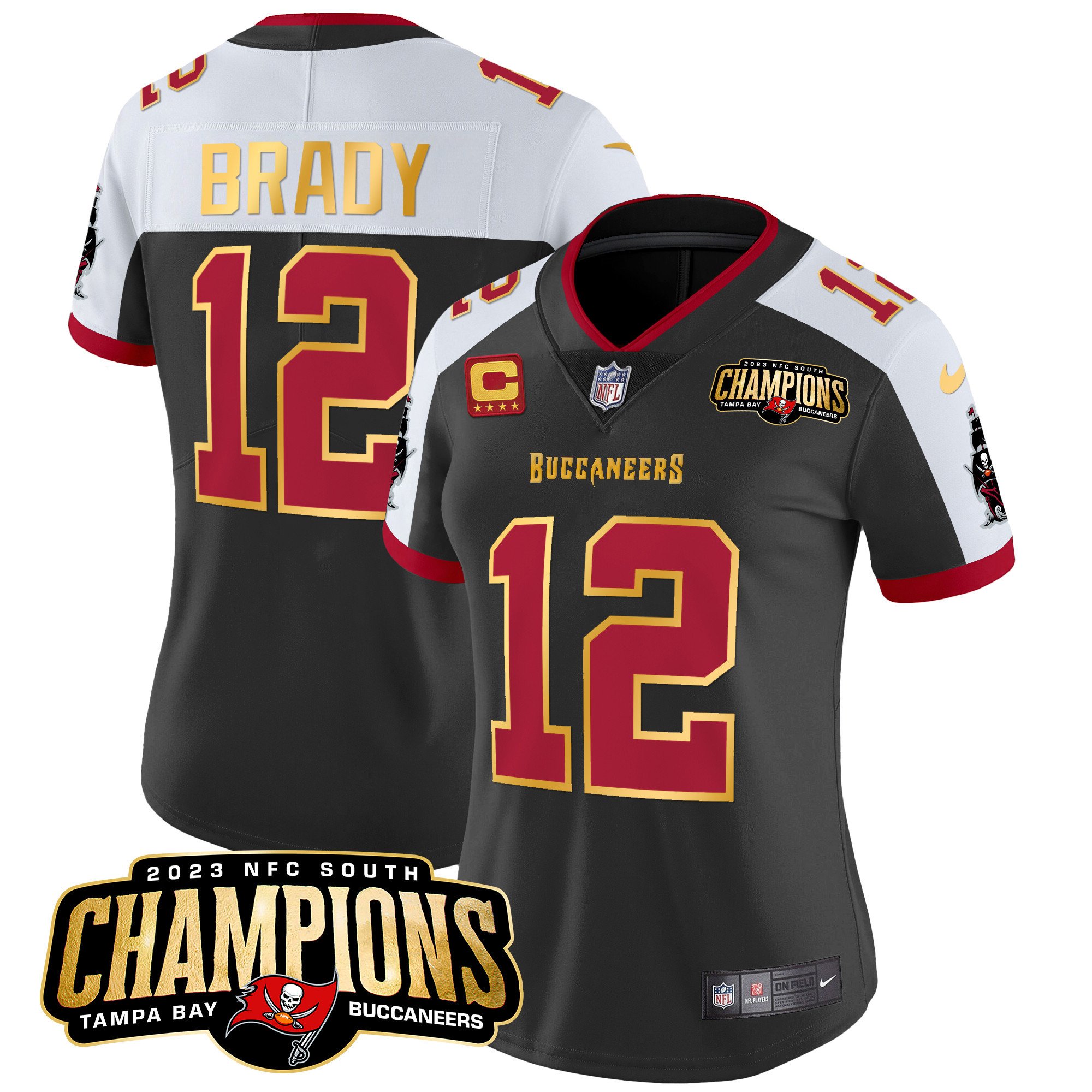 Women’S Buccaneers 2023 Nfc South Champions Patch Gold Trim Vapor Jersey – All Stitched