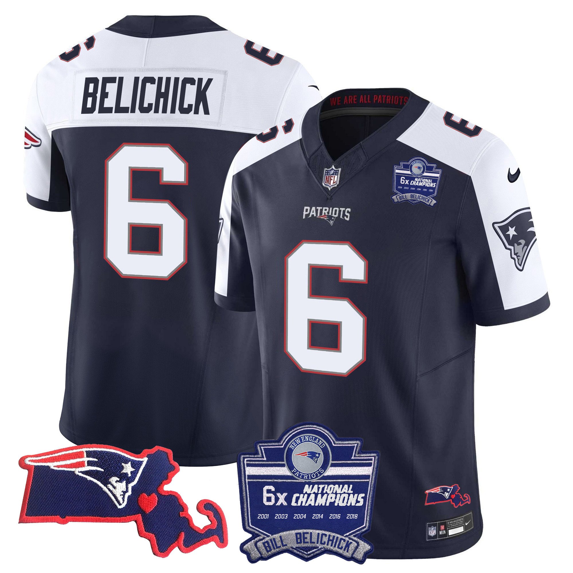 Women’S Patriots Bill Belichick 6X Champions Patch Vapor Jersey – All Stitched