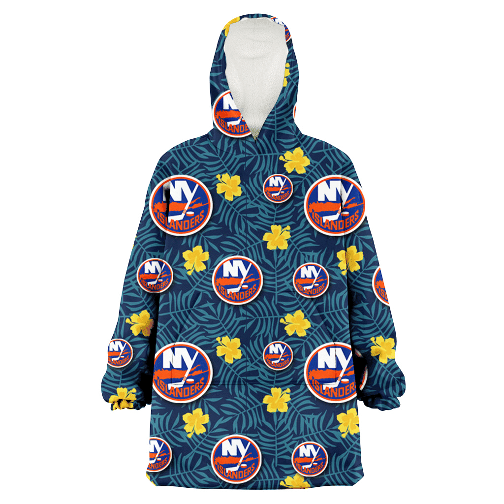 New York Islanders Yellow Hibiscus Cadet Blue Leaf Navy Background 3D Printed Hoodie Blanket Snug Hoodie