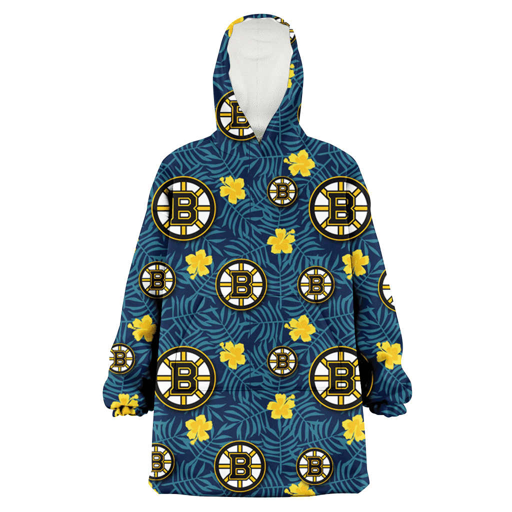 Boston Bruins Yellow Hibiscus Cadet Blue Leaf Navy Background 3D Printed Hoodie Blanket Snug Hoodie