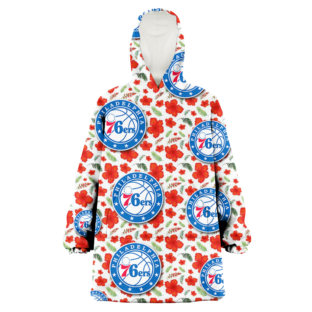 Philadelphia 76ers Tiny Red Hibiscus Green Leaf White Cube Background 3D Printed Hoodie Blanket Snug Hoodie