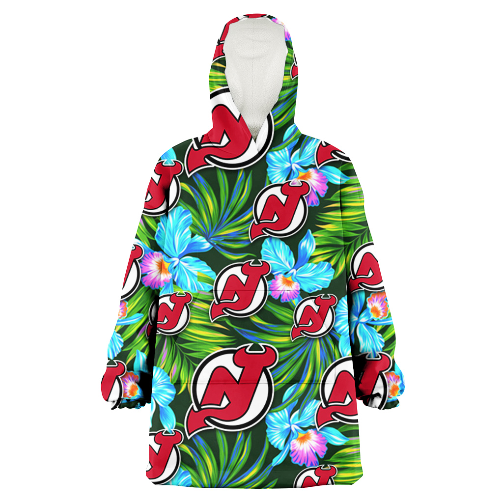 New Jersey Devils Electro Color Hibiscus Black Background 3D Printed Hoodie Blanket Snug Hoodie