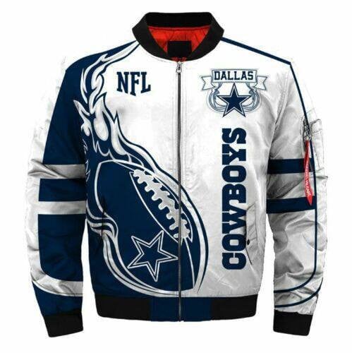 Dallas Cowboys Team Logo Pattern Bomber Jacket Navy And White