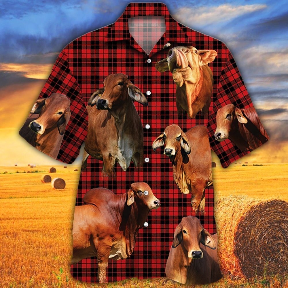 Red Brahman Cattle Lover Red Tartan Pattern Hawaiian Shirt For Adults, Cow Bull Hawaii Shirt For Summer