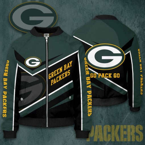 Green Bay Packers Team Logo Pattern Bomber Jacket Dark Green