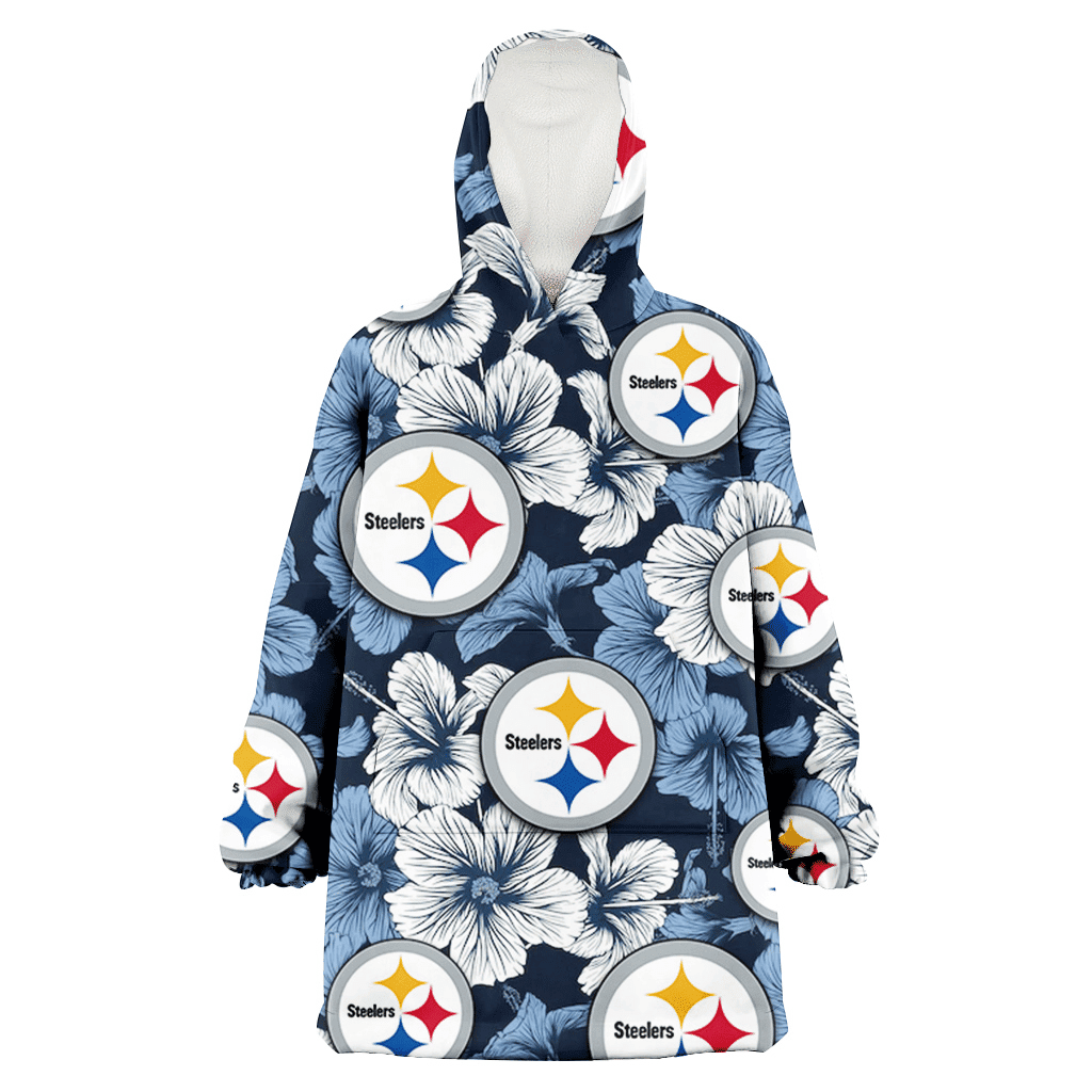 Pittsburgh Steelers White And Blue Hibiscus Dark Blue Background 3D Printed Hoodie Blanket Snug Hoodie