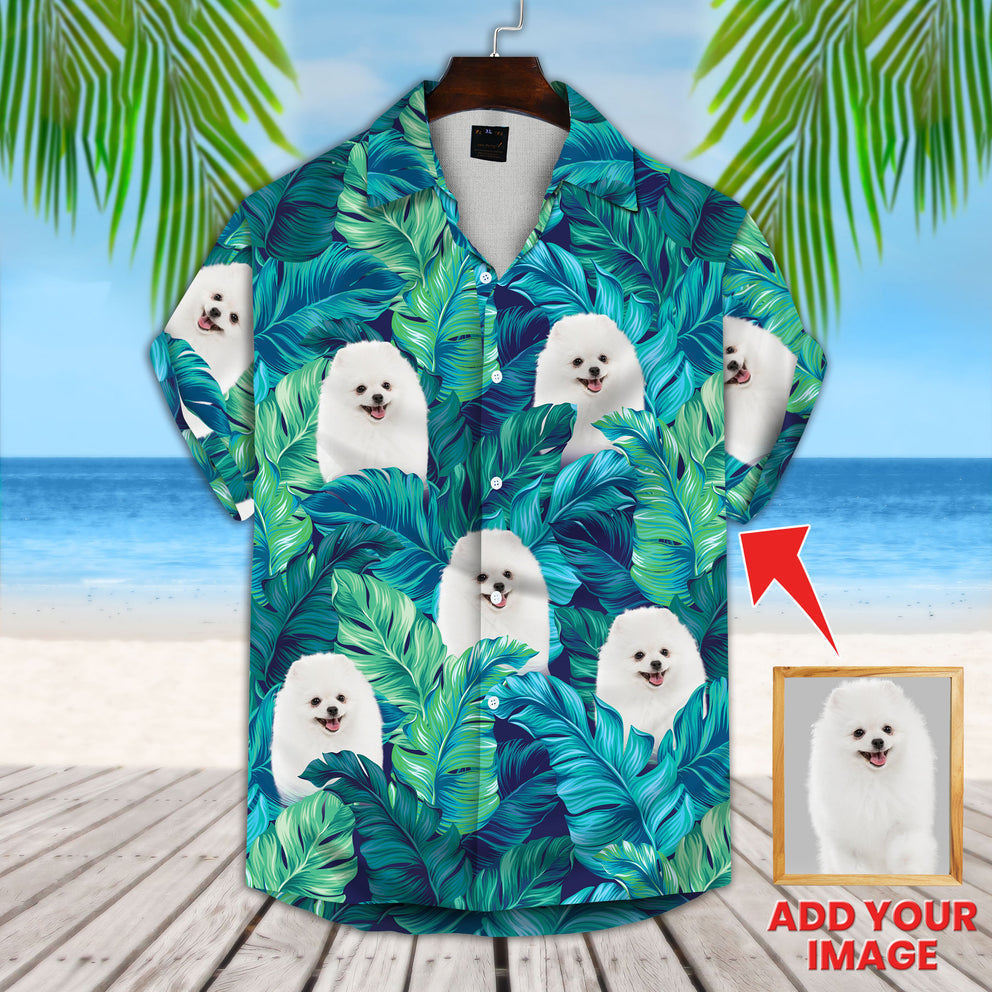 Turquoise And Blue Tropical Leaves Pattern Short-Sleeve Hawaiian Shirt, Personalized Photo Dog Hawaiian Shirt