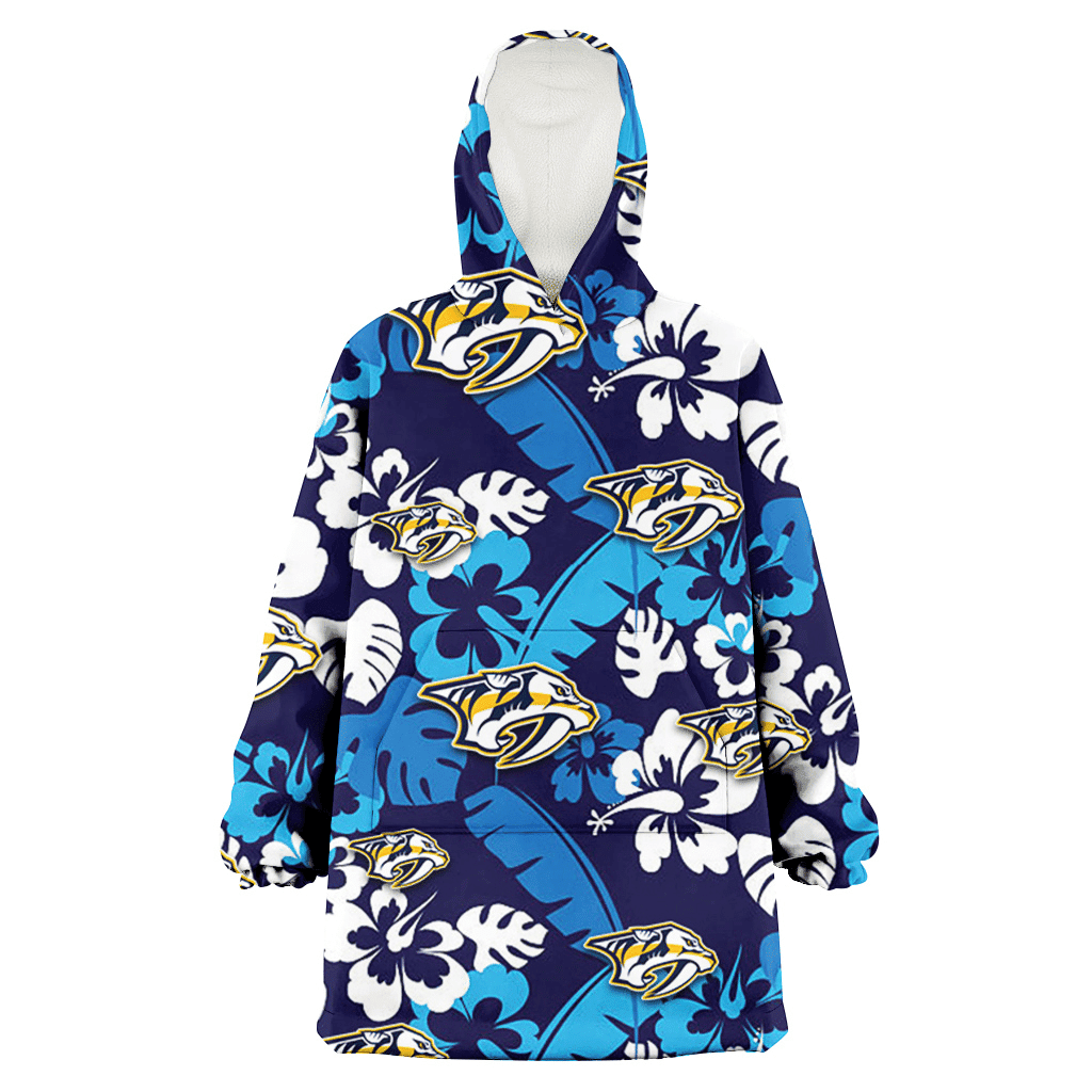 Nashville Predators Light Blue Hibiscus Banana Leaf Navy Background 3D Printed Hoodie Blanket Snug Hoodie