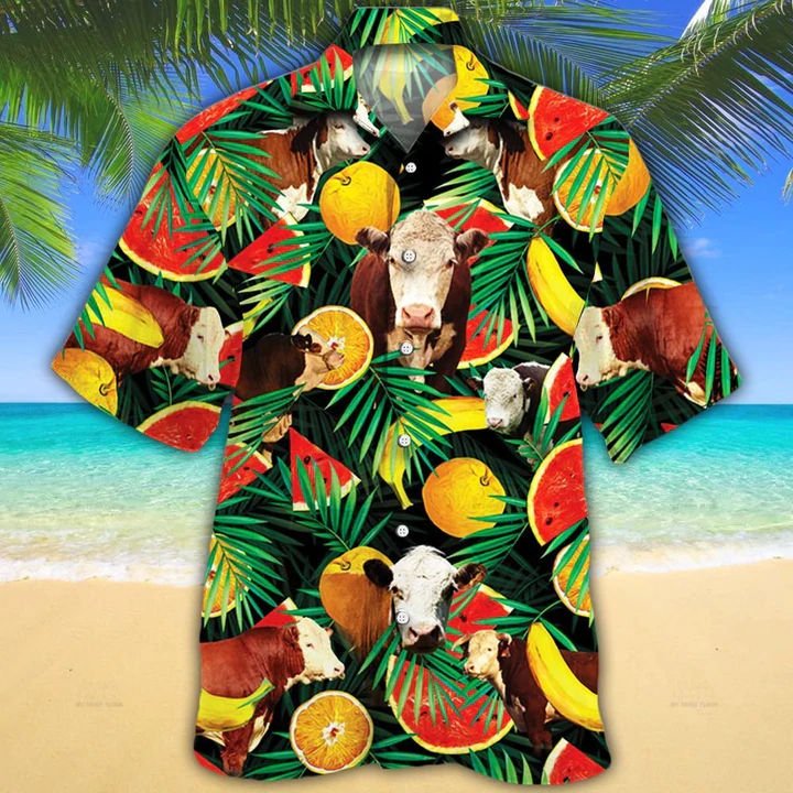 Cow Hawaiian Shirt For Men, Women – Hereford Cattle Lovers Tropical Fruits Hawaiian Shirt