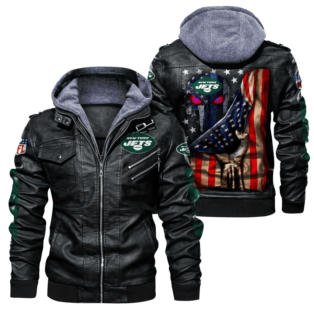 New York Jets Flag 3D Zip Leather Jacket With Hood