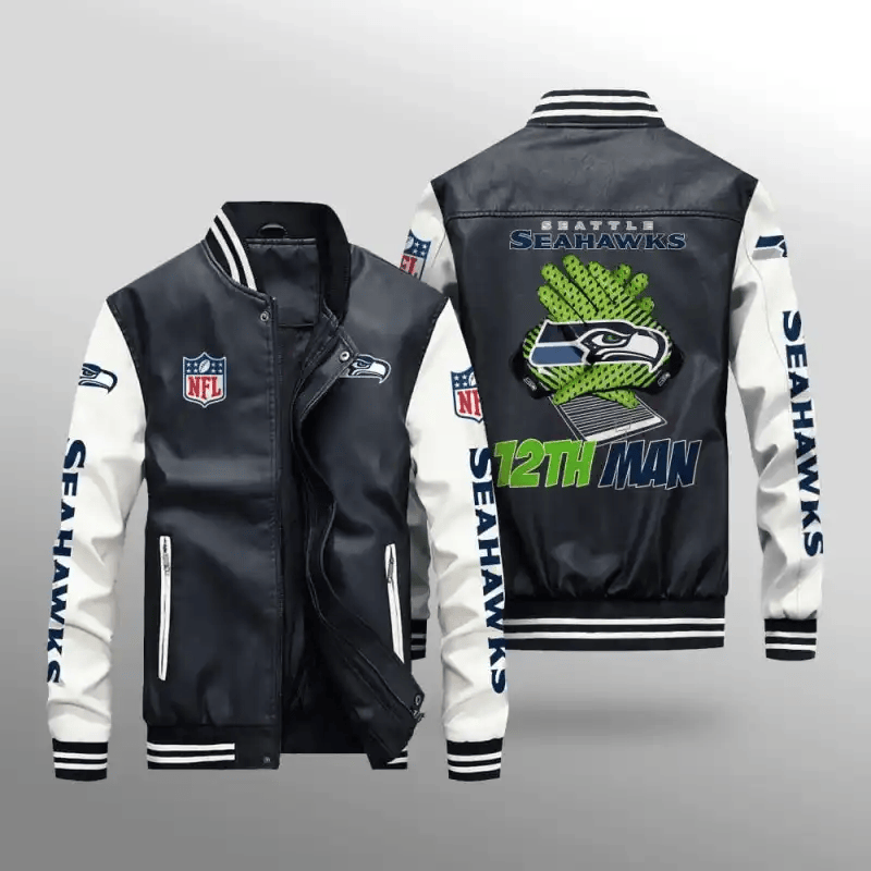 Seattle Seahawks NFL Team Personalized Name Back Logo Baseball Mitt Pattern Leather Bomber Jacket