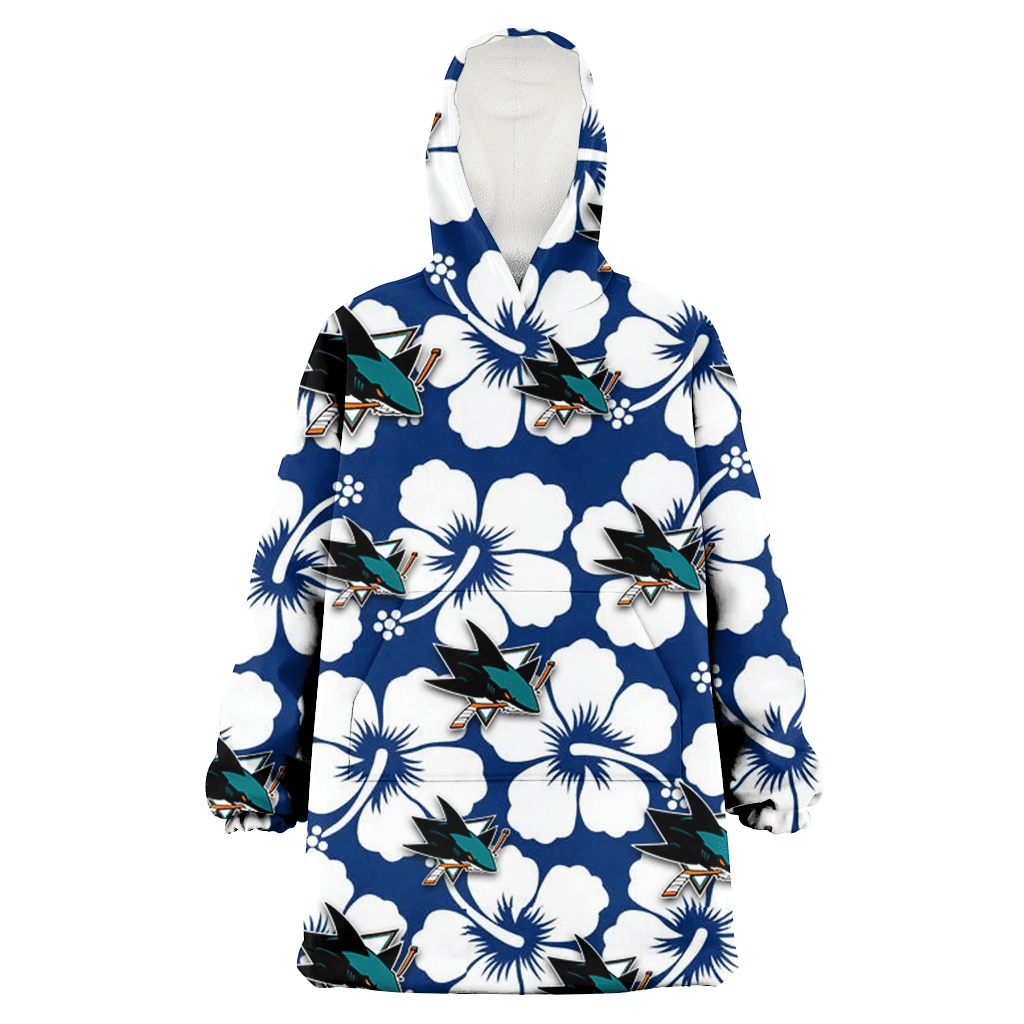 San Jose Sharks Modern White Hibiscus Navy Background 3D Printed Hoodie Blanket Snug Hoodie