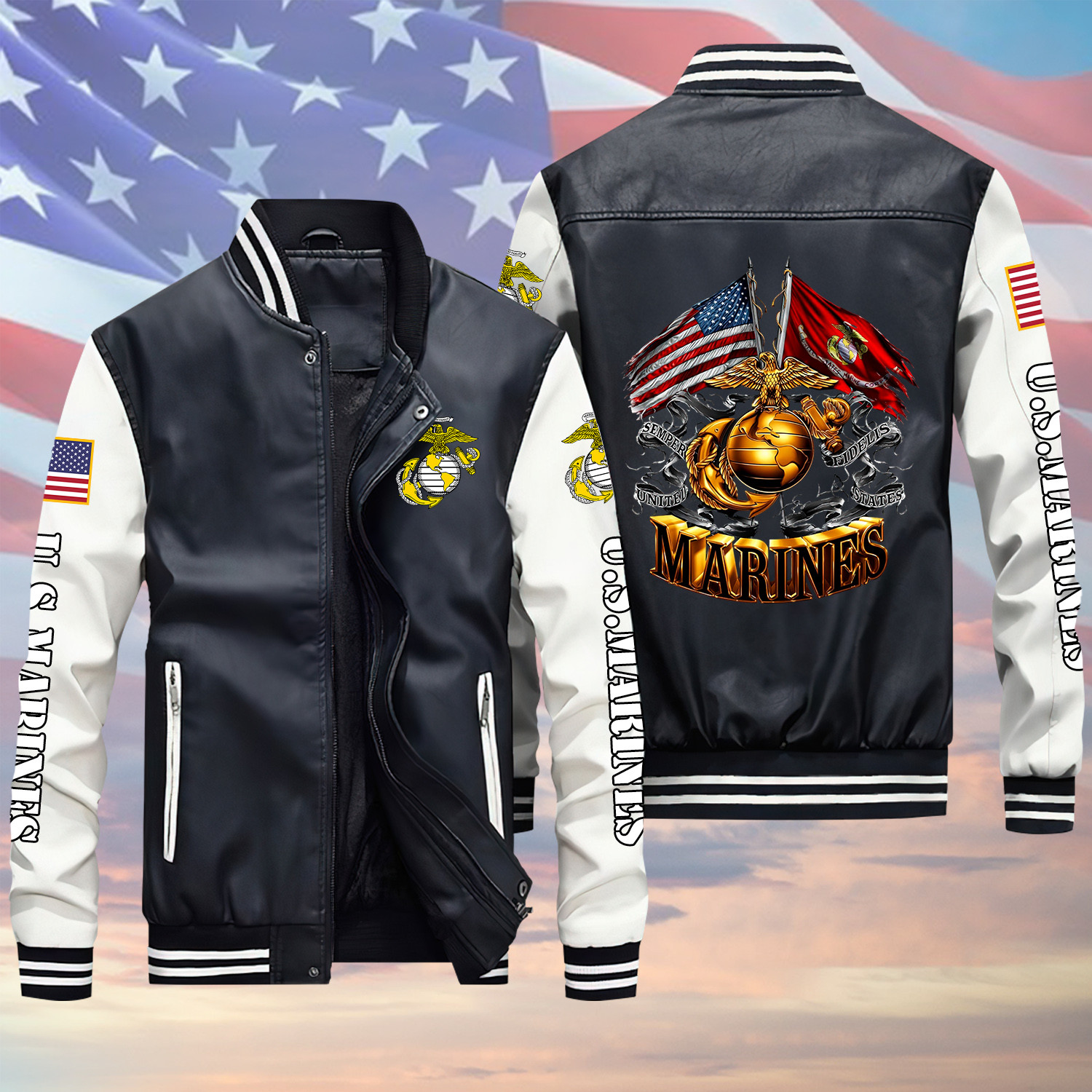 U.S Marine Double US Marines Flag Black Winter Gear Leather Bomber Leterman Varsity Jacket