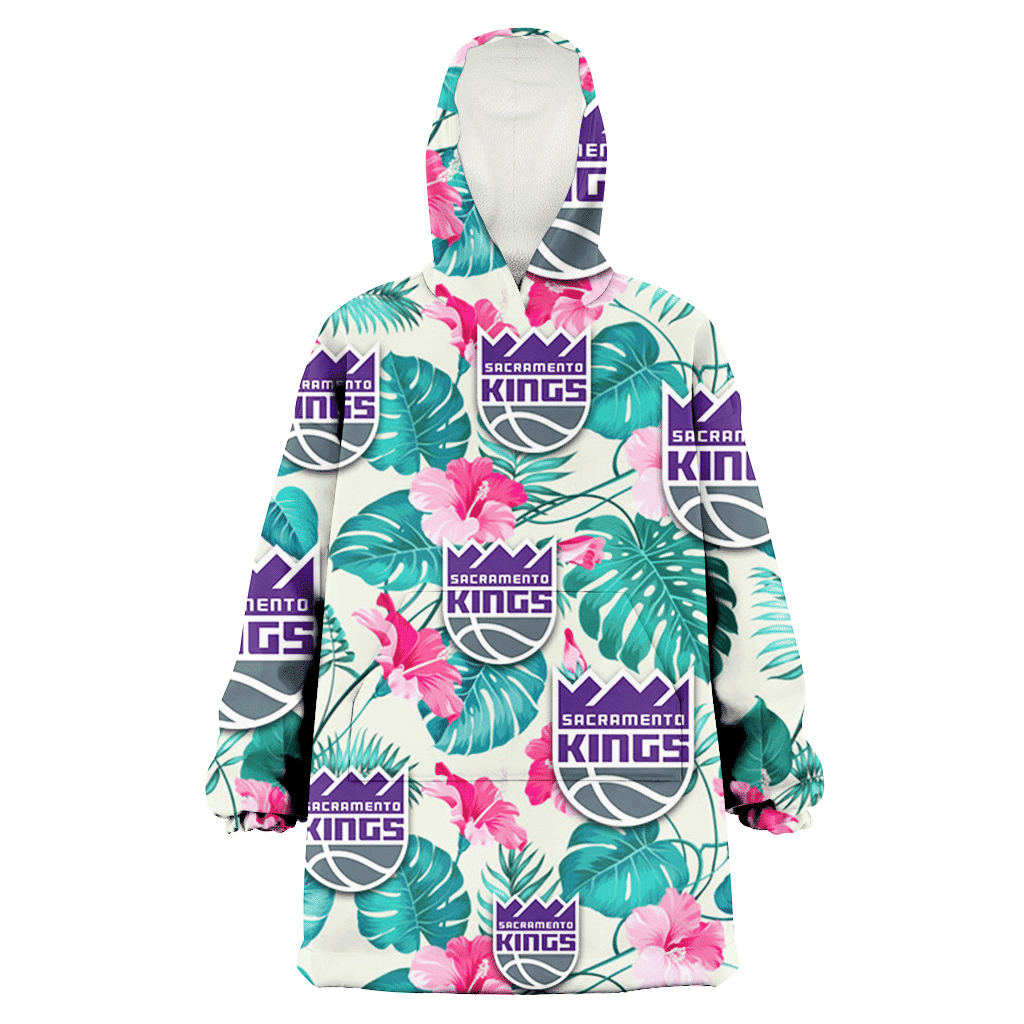 Sacramento Kings Pink Hibiscus Green Leaf Beige Background 3D Printed Hoodie Blanket Snug Hoodie