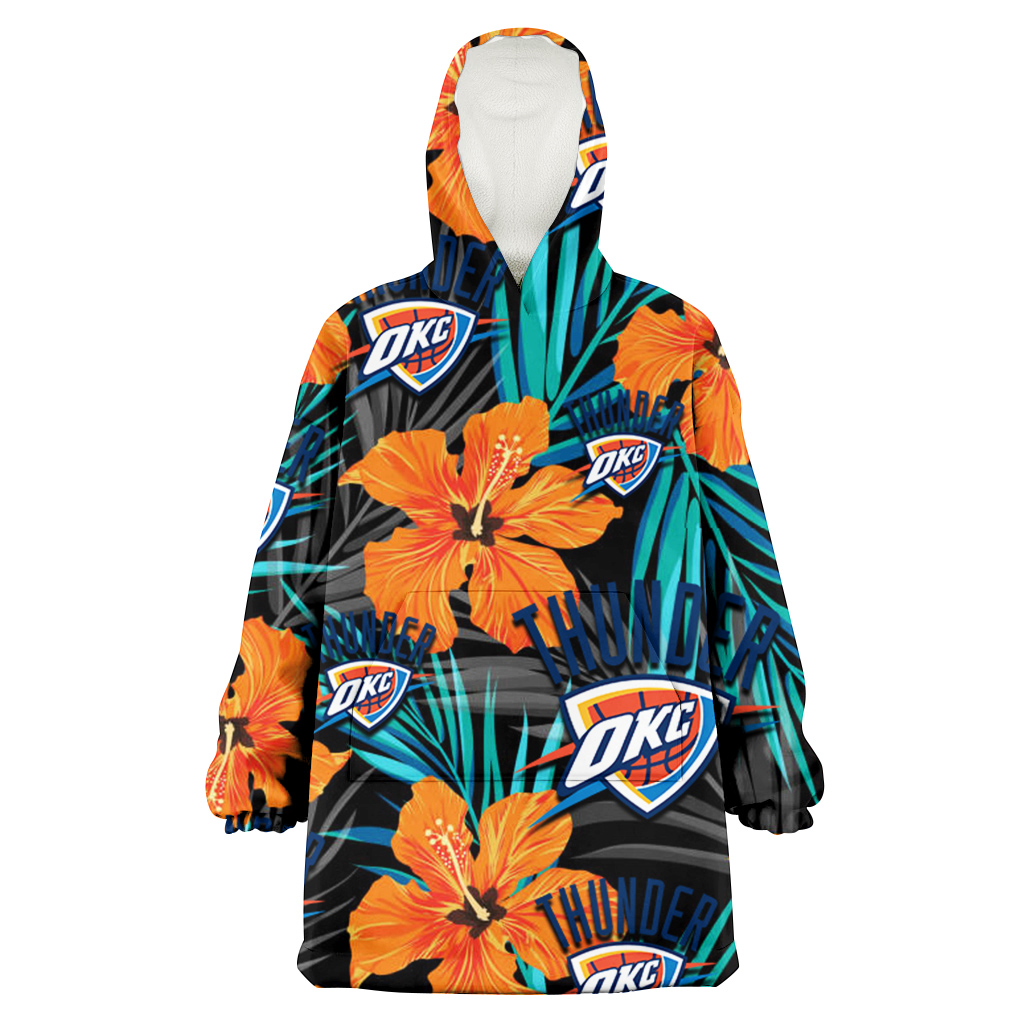 Oklahoma City Thunder Orange Hibiscus Blue Gray Leaf Black Background 3D Printed Hoodie Blanket Snug Hoodie