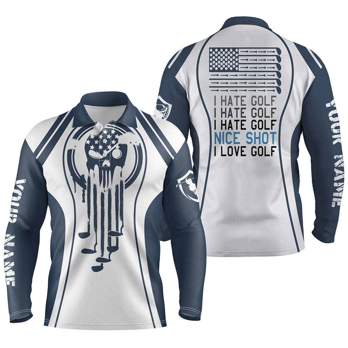 Men Golf Long Sleeve Polo Shirts Blue Golf Skull I Hate Golf Nice Shot I Love Golf Custom White Golf Polo Shirts Printfushion