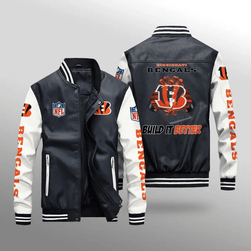 Cincinnati Bengals NFL Team Personalized Name Back Logo Baseball Mitt Pattern Leather Bomber Jacket