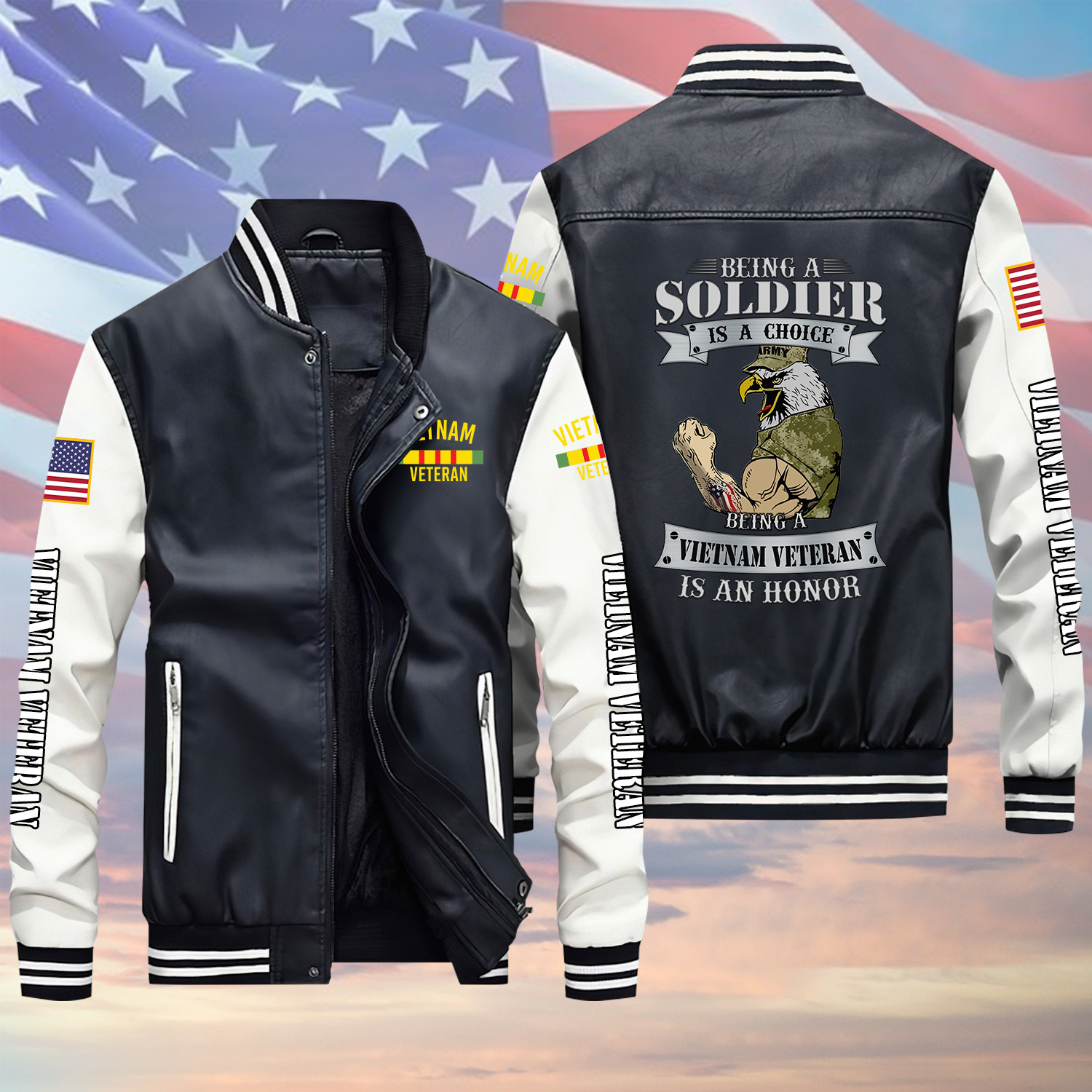 Being A Soldier Is A Choice Vietnam Veteran Black Winter Gear Leather Bomber Leterman Varsity Jacket