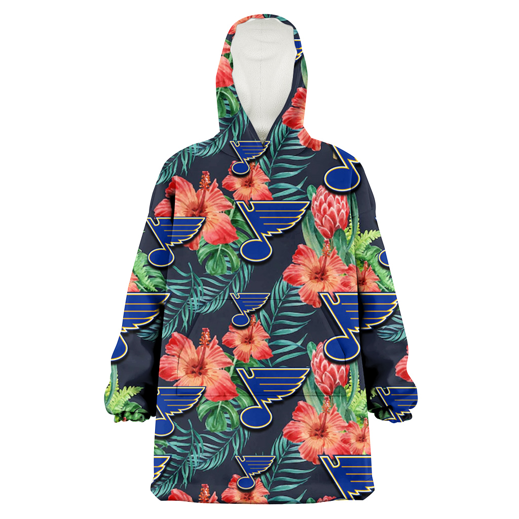 St. Louis Blues Orange Hibiscus Green Tropical Leaf Dark Background 3D Printed Hoodie Blanket Snug Hoodie