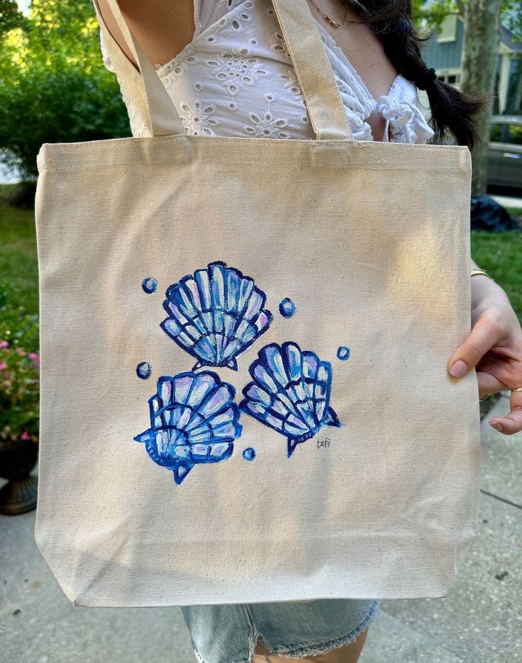 BLUE SHELLS Hand Painted Tote Bag For Summer and Beach Aesthetic with name personalization, Best Tote Bags Ideas, Cute Tote Bags Ideas, Tote Bag Design Ideas, Girls Tote Bag, Best Canvas Tote Bags Ideas