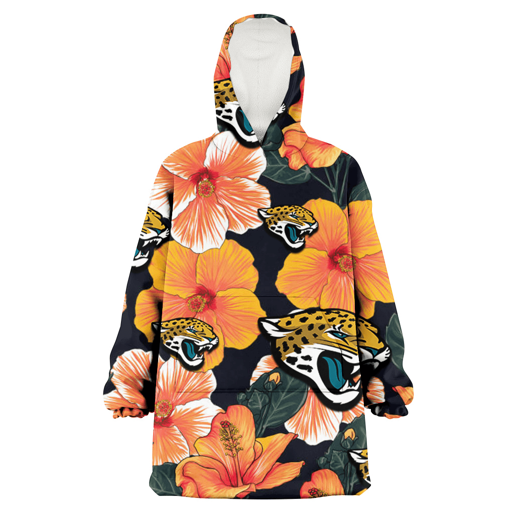 Jacksonville Jaguars Orange Hibiscus Dark Green Leaf Black Background 3D Printed Hoodie Blanket Snug Hoodie