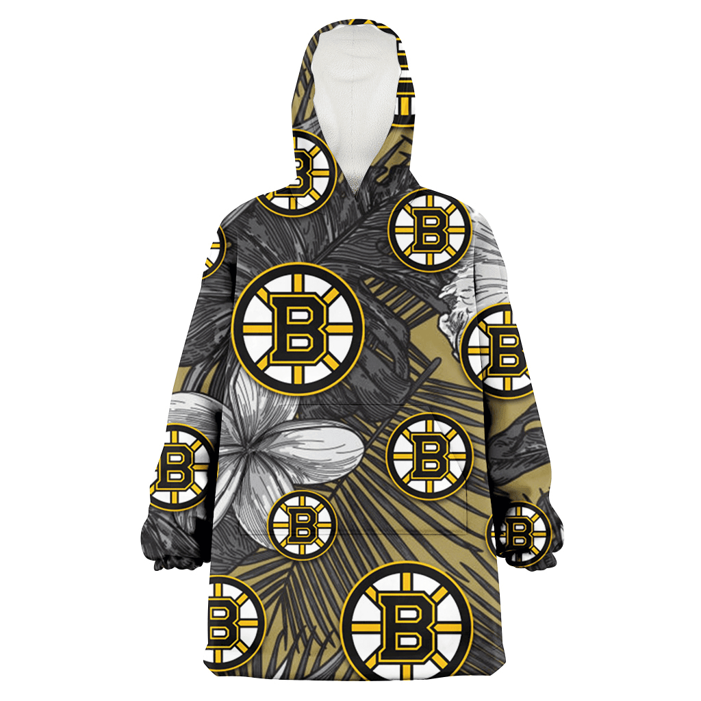 Boston Bruins Gray Sketch Hibiscus Yellow Palm Leaf Black Background 3D Printed Hoodie Blanket Snug Hoodie