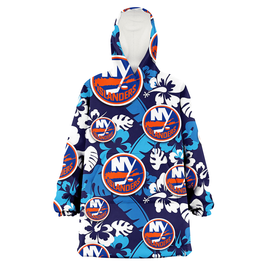 New York Islanders Light Blue Hibiscus Banana Leaf Navy Background 3D Printed Hoodie Blanket Snug Hoodie