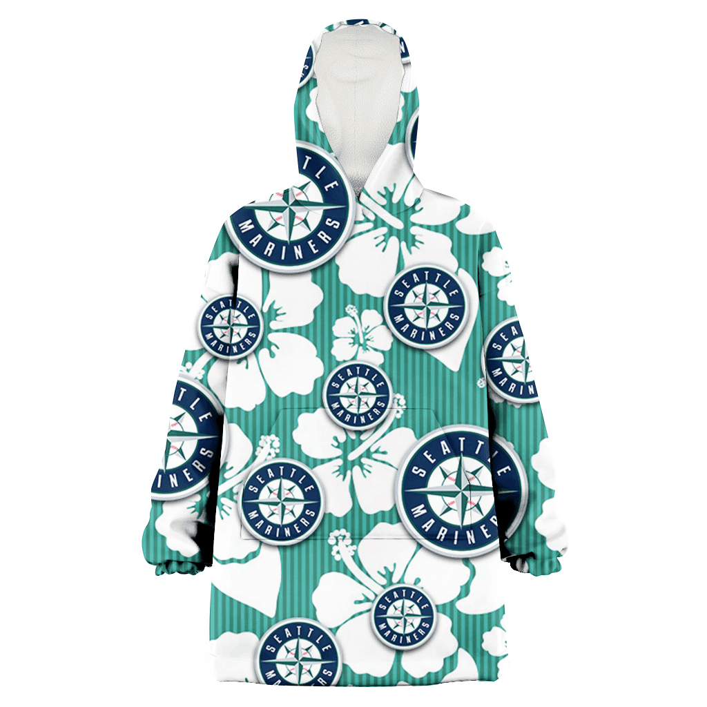 Seattle Mariners White Hibiscus Turquoise Stripe Background 3D Printed Hoodie Blanket Snug Hoodie