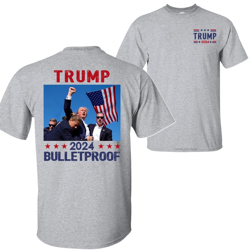 Trump 2024 Bulletproof Shirt, Praying for President Trump Shirt, Bloodied Trump Fist Pumps, Trump Shirts 2024, Double Sided Graphic Printed Unisex Classic Comfort Cotton T-Shirts in all Sizes all Colors for Men and for Women