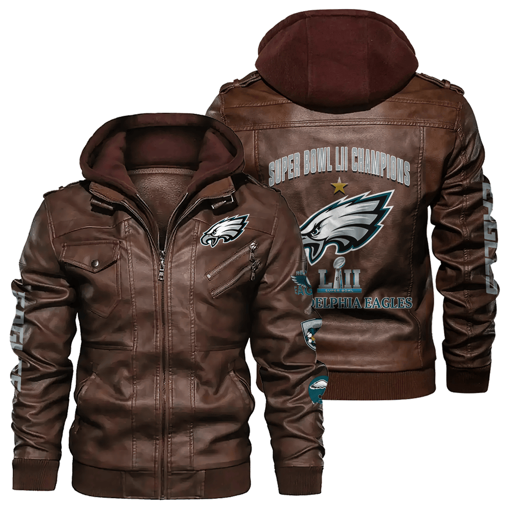 Philadelphia Eagles NFL Super Bowl LII Champions Zip Brown Leather Jacket With Hood