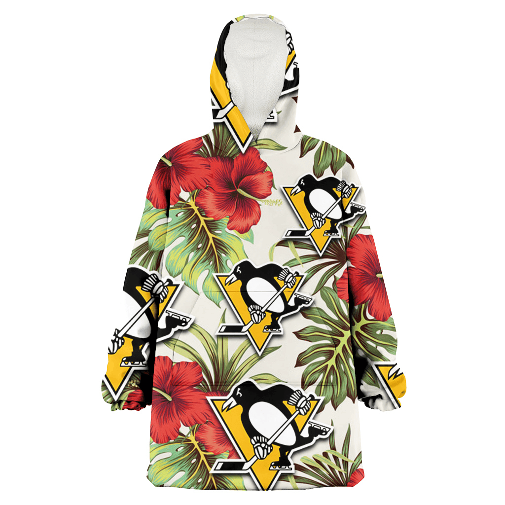 Pittsburgh Penguins Red Hibiscus Green Tropical Leaf Cream Background 3D Printed Hoodie Blanket Snug Hoodie