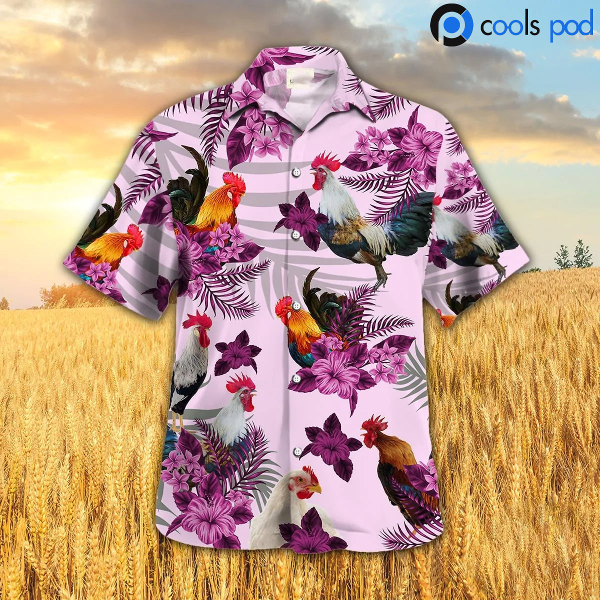 Chicken Hibiscus Hawaiian Shirt, Rooster Pink Hawaii Shirt, Farm Hawaiian Shirts