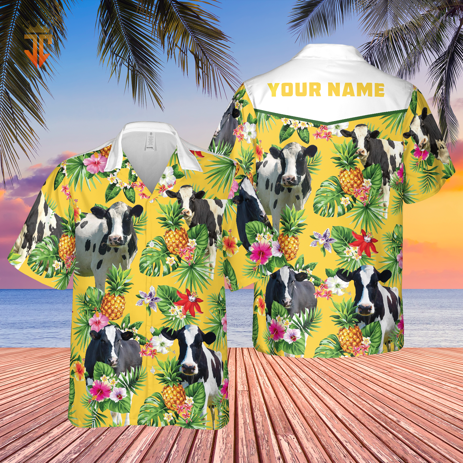 Personalized Name Holstein Friesian Cattle Pineapples All Over Printed 3D Hawaiian Shirt