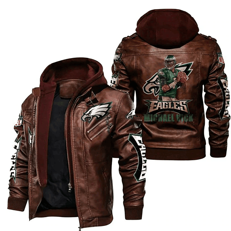 Philadelphia Eagles Zip Leather Jacket With Hood Michael Vick On Back