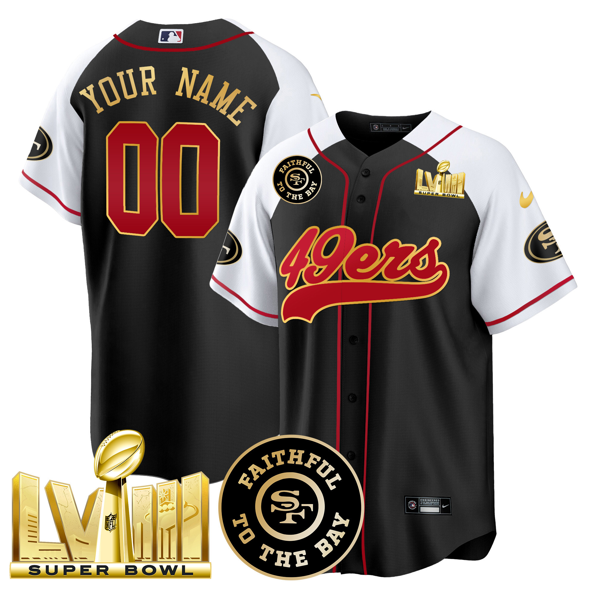 49Ers Faithful & Super Bowl Lviii Gold Patch Baseball Custom Jersey – All Stitched