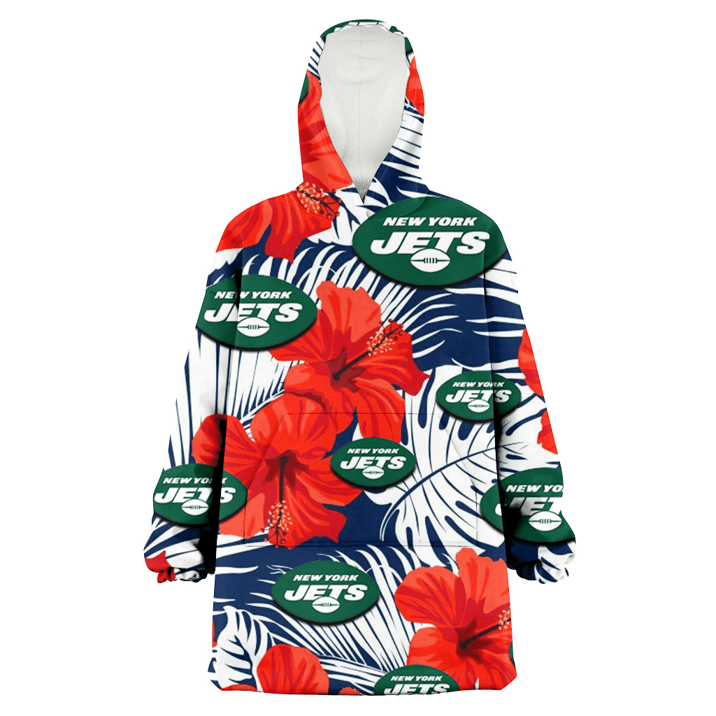 New York Jets White Tropical Leaf Red Hibiscus Navy Background 3D Printed Hoodie Blanket Snug Hoodie