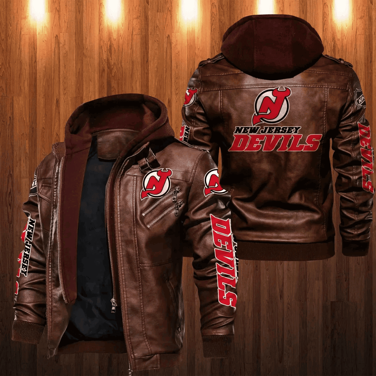 New Jersey Devils Zip Leather Jacket With Hood