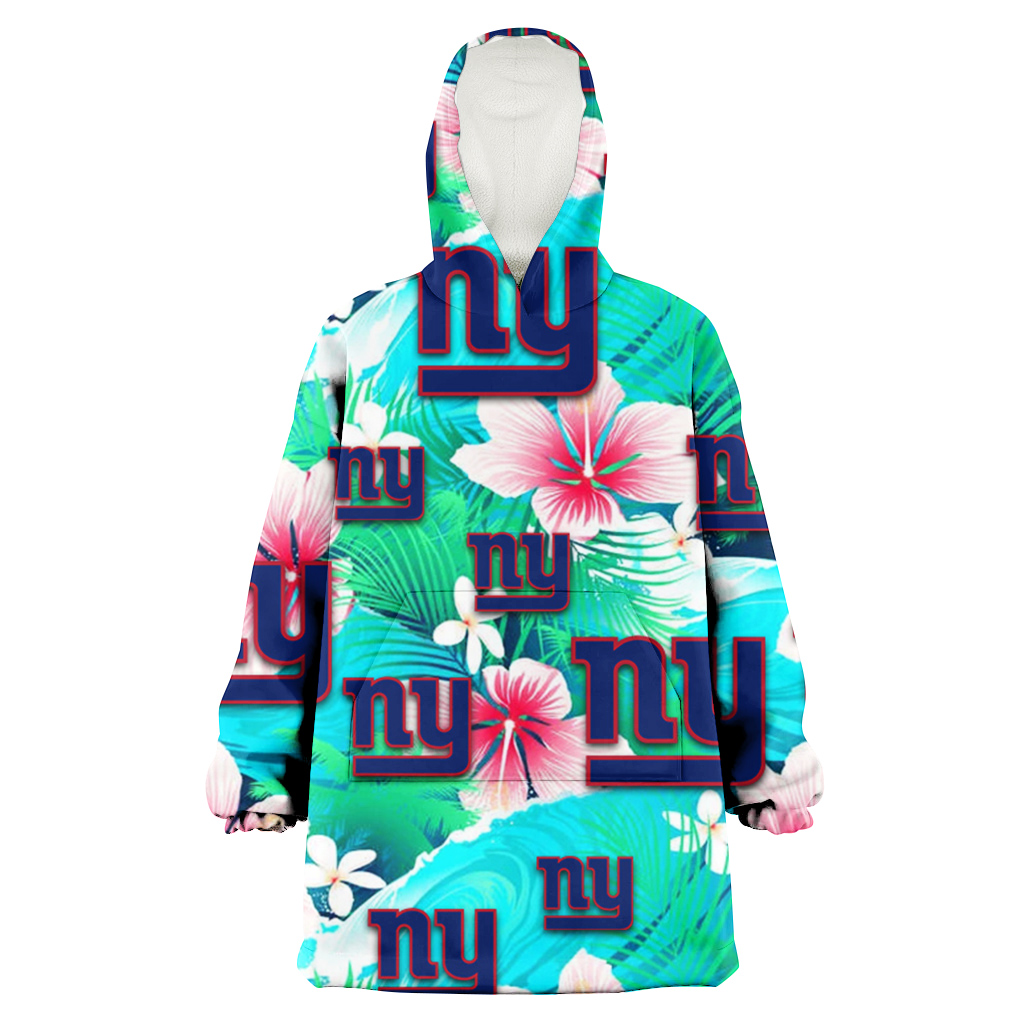 New York Giants Pink Hibiscus Green Leaf Blue Background 3D Printed Hoodie Blanket Snug Hoodie