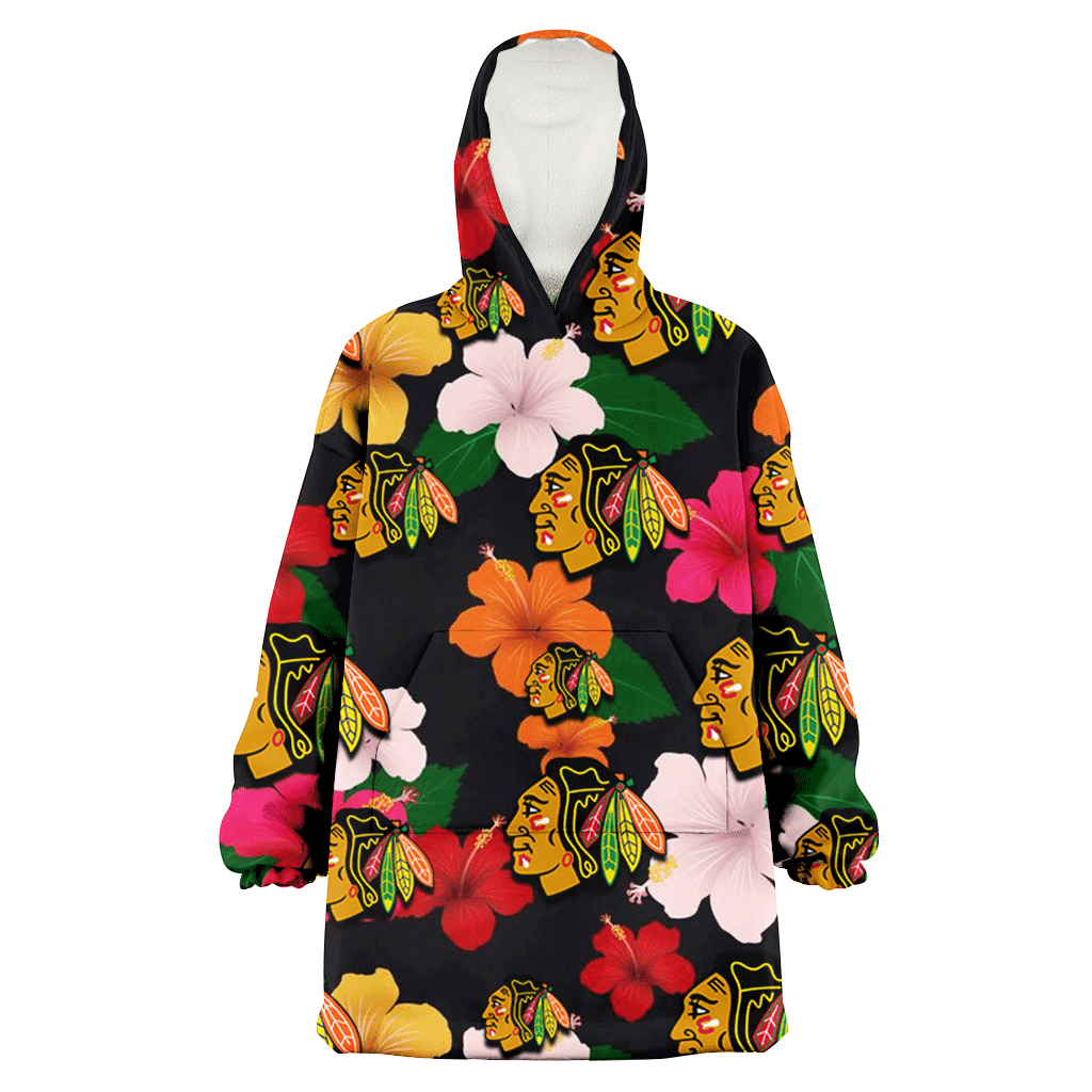 Chicago Blackhawks Pink Orange Yellow White Hibiscus Black Background 3D Printed Hoodie Blanket Snug Hoodie