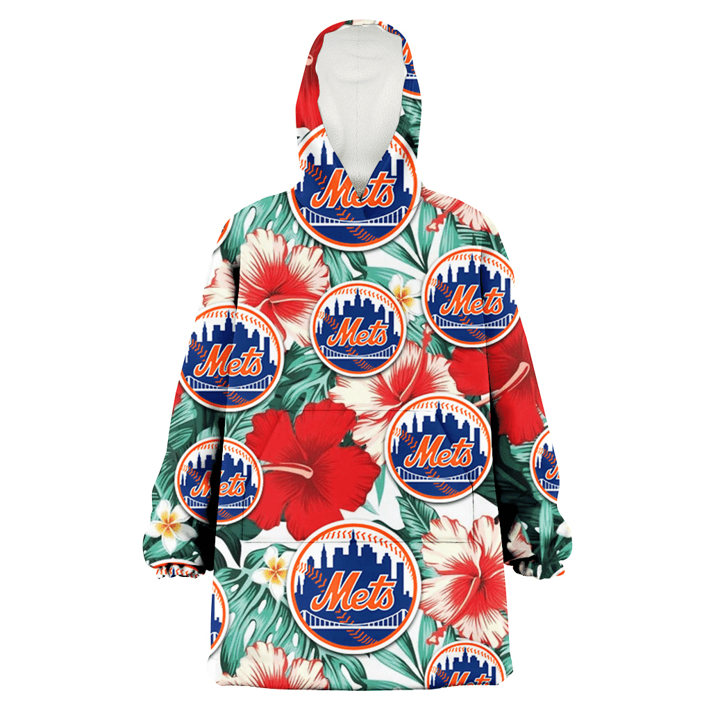 New York Mets Red Coral Hibiscus White Porcelain Flower Banana Leaf 3D Printed Hoodie Blanket Snug Hoodie