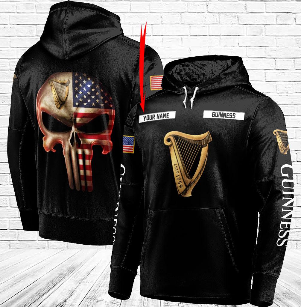 Personalized Black Usa Flag Skull Guinness Beer Hoodie