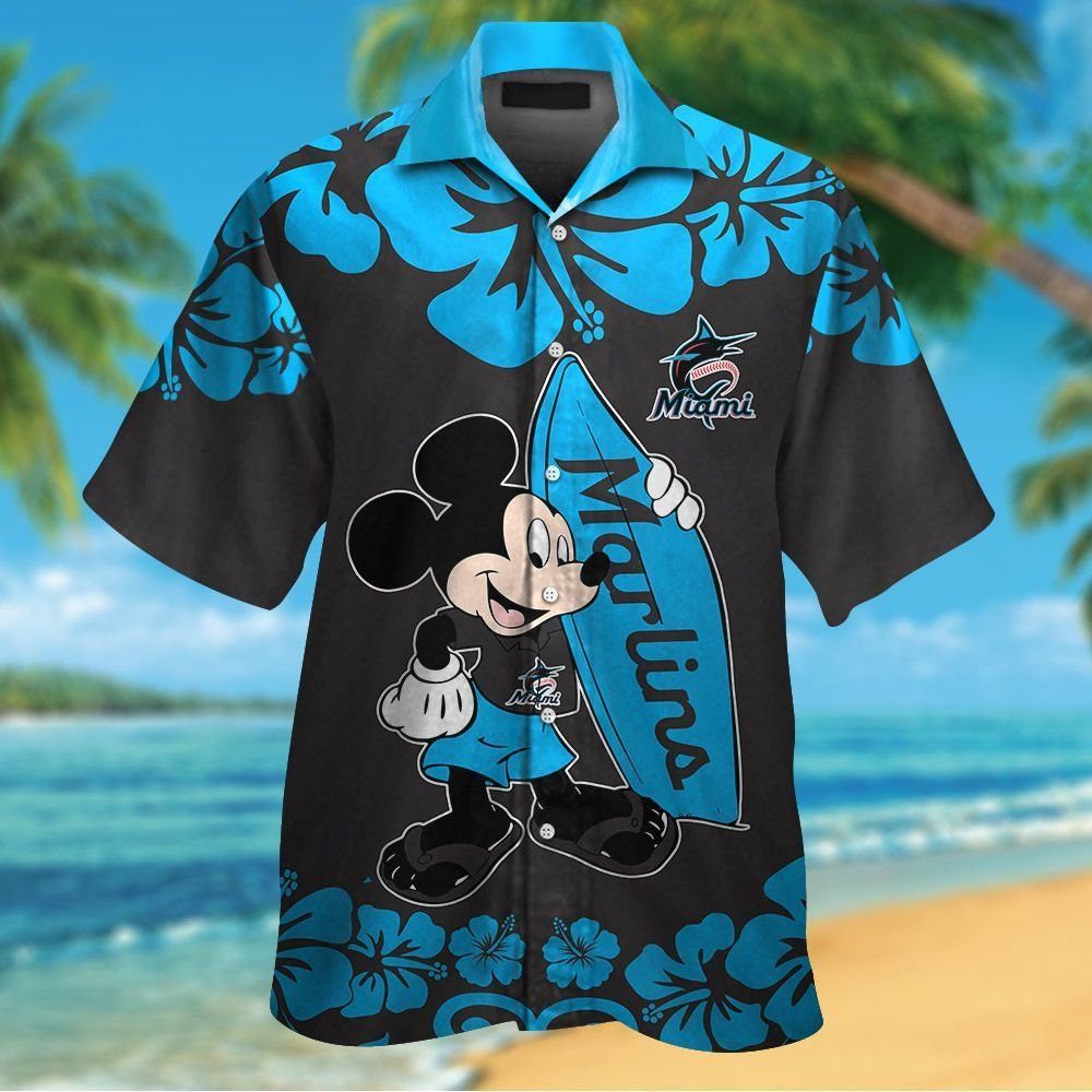 Miami Marlins Mickey Mouse Short Sleeve Button Up Tropical Hawaiian Shirt