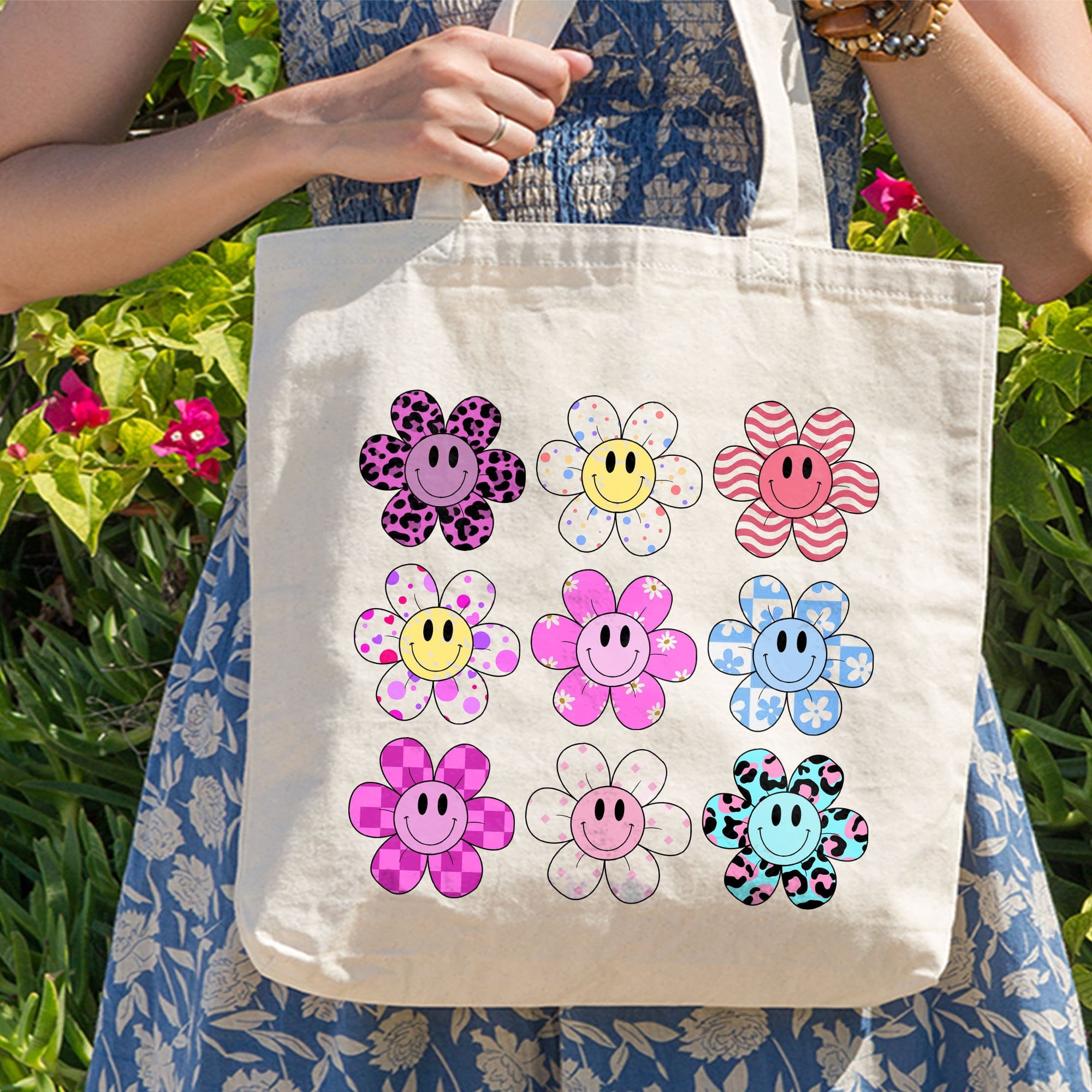 Colorful Flower Y2K Tote Bag, Floral Abstract Art Bag, Smiley Face Flower Bag, Y2K Tote Bag, Minimalist Art Bag, Smiley Flower Tote Bag Gift