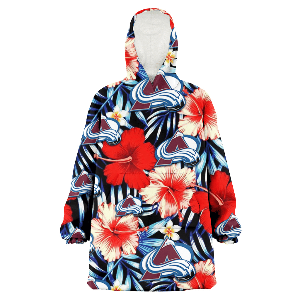 Colorado Avalanche Coral Red Hibiscus Blue Palm Leaf Black Background 3D Printed Hoodie Blanket Snug Hoodie