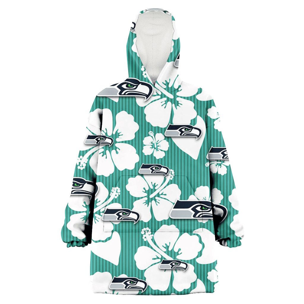 Seattle Seahawks White Hibiscus Turquoise Stripe Background 3D Printed Hoodie Blanket Snug Hoodie