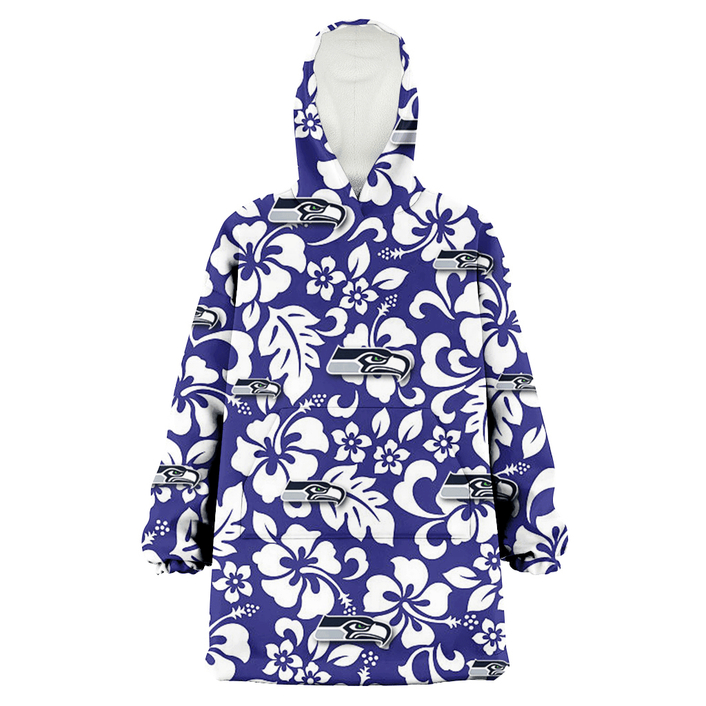 Seattle Seahawks White Hibiscus Pattern Slate Blue Background 3D Printed Hoodie Blanket Snug Hoodie