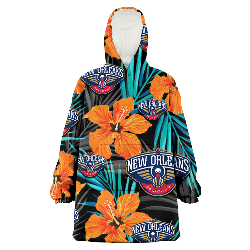 New Orlean Pelicans Orange Hibiscus Blue Gray Leaf Black Background 3D Printed Hoodie Blanket Snug Hoodie