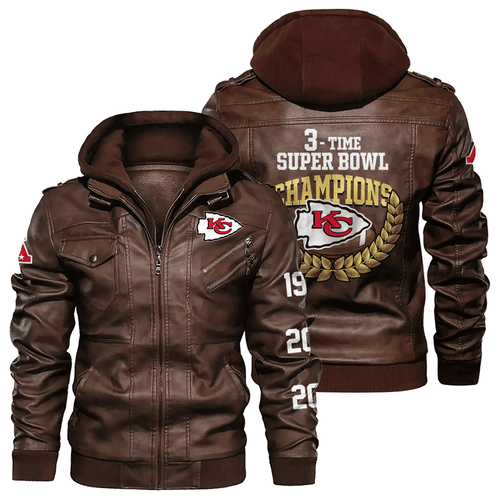 Kansas City Chiefs NFL  Time Super Bowl Champions City Design Zip Brown Leather Jacket With Hood