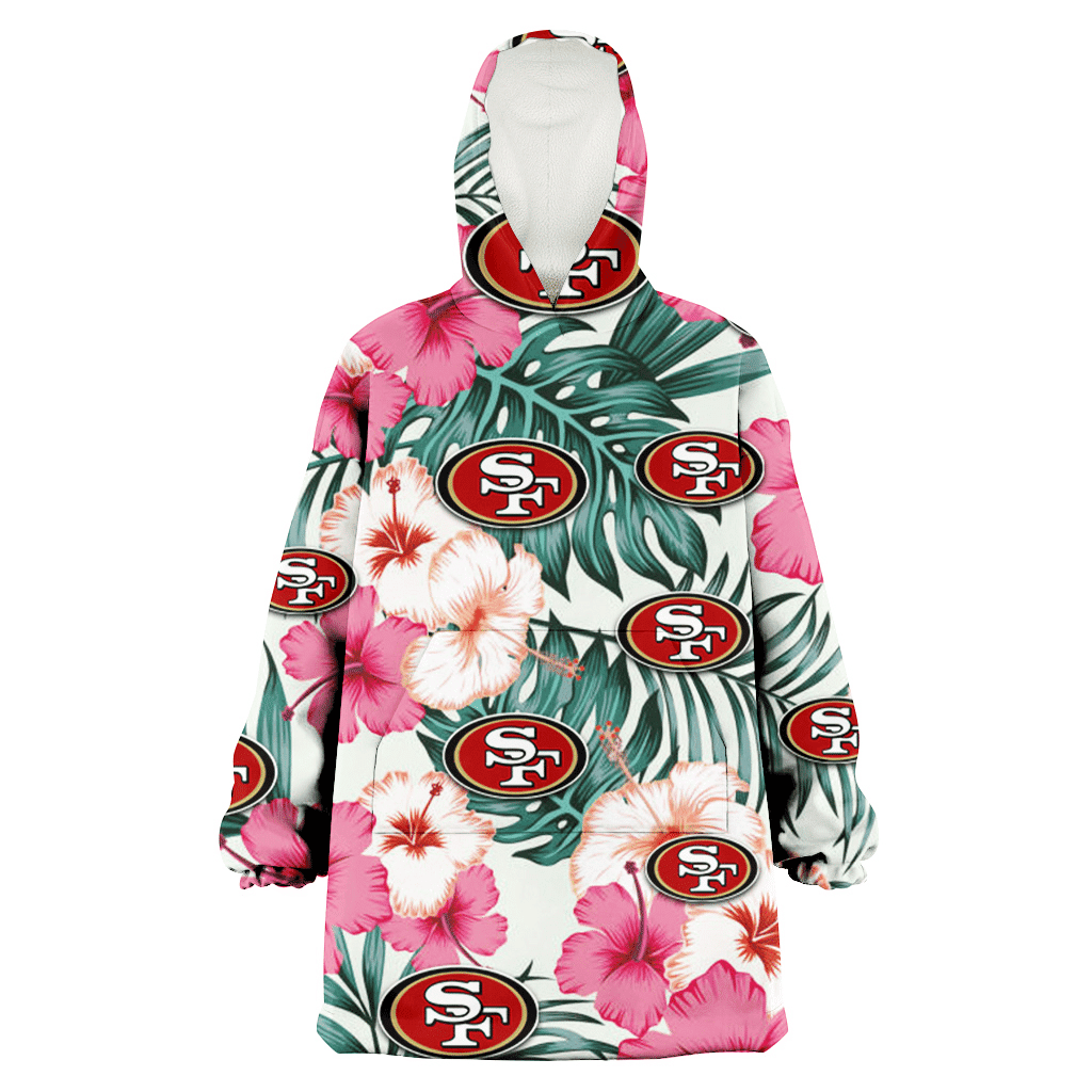 San Francisco 49ers Coral Pink Hibiscus Green Leaf Beige Background 3D Printed Hoodie Blanket Snug Hoodie