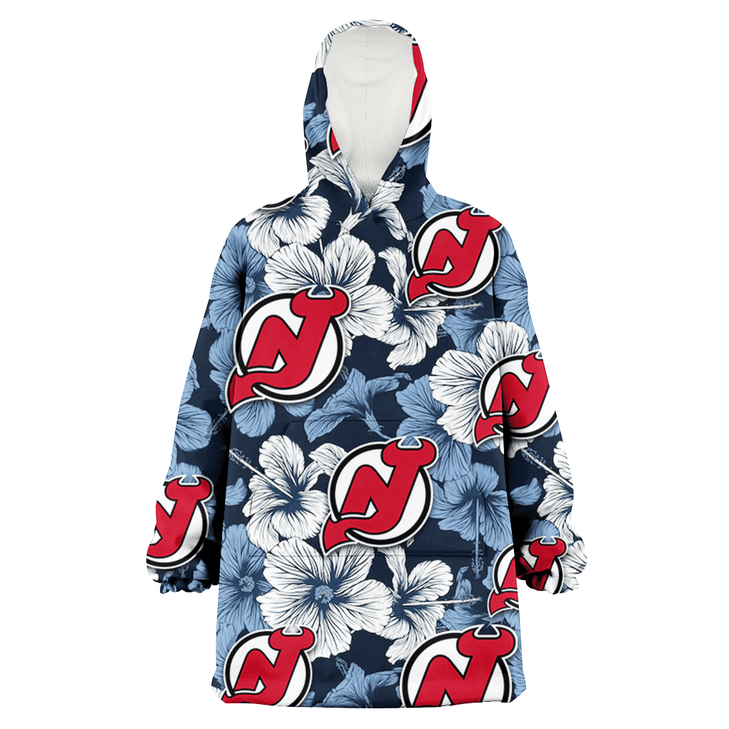 New Jersey Devils White And Blue Hibiscus Dark Blue Background 3D Printed Hoodie Blanket Snug Hoodie